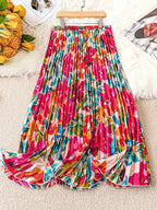 Spring Summer Women's Elegant Floral Print Long Skirts Casual High Waist Party Slim A-line Pleated Skirt