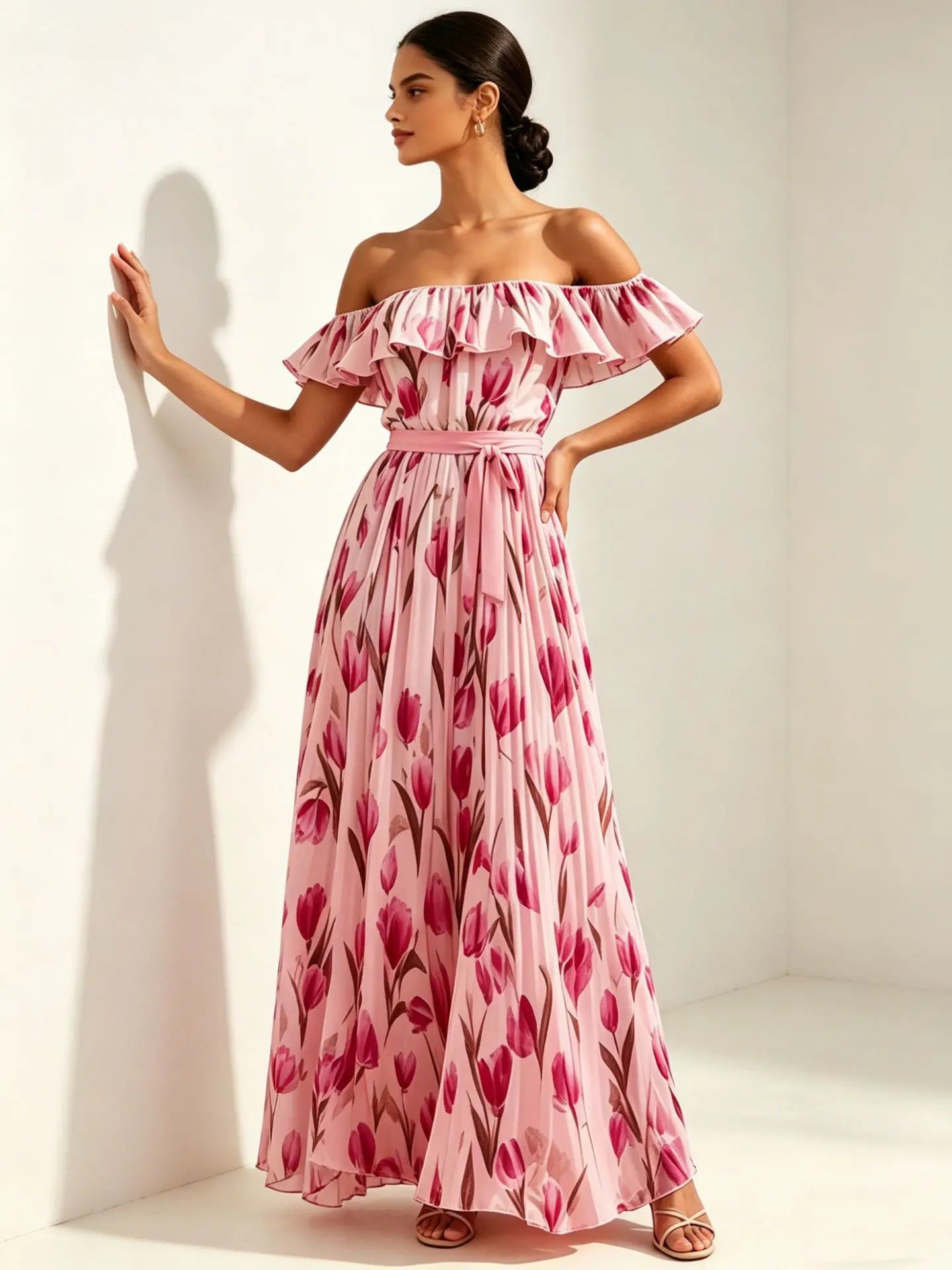 2026 summer off-the-shoulder tulip print plus size slimming square neck maxi dress