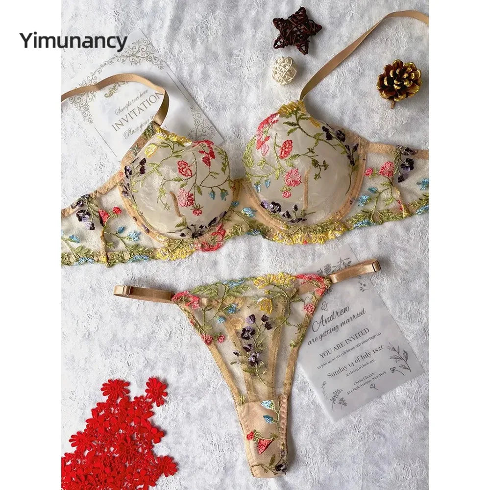 Yimunancy Floral Embroidery Lingerie Set Women Sheer 2-Piece Boho Bra + Panty Underwear Set Intimates Secondary image