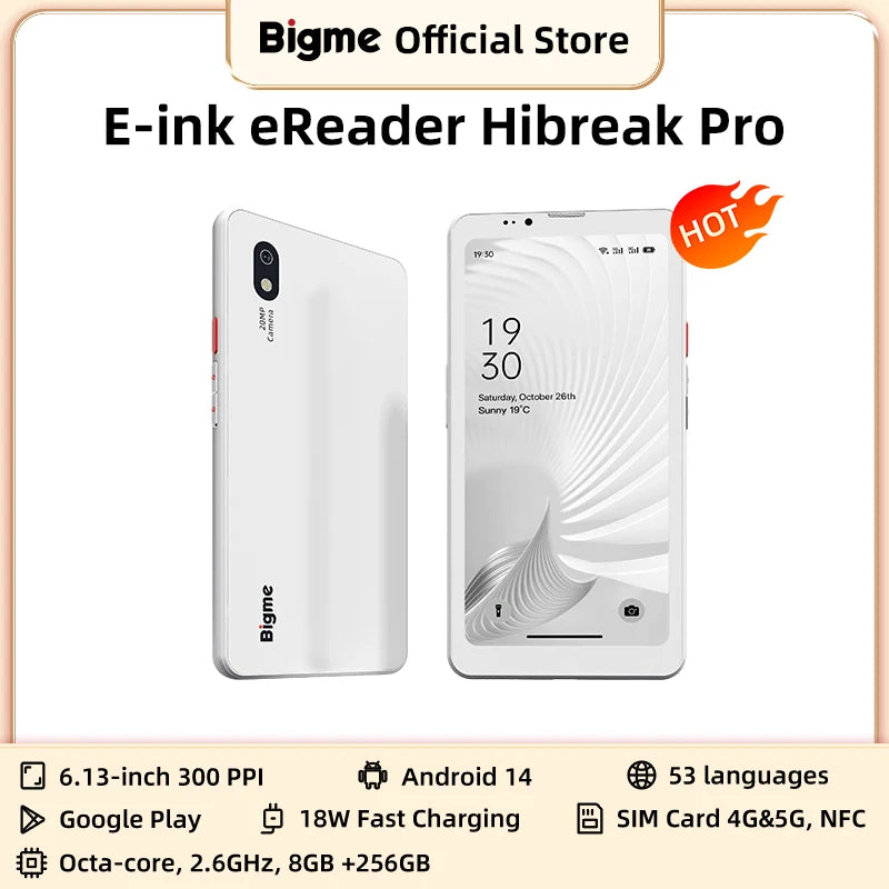 BIGME Hibreak Pro ebook reader, 6.13'' B&W E-ink screen Electronic book, 300PPI Android 14 OS 8GB+256GB ereader tablet with NFC Ürün ana görseli
