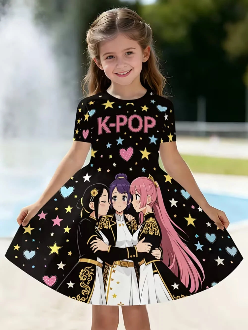 Kpop Cartoon Graphic Dress for Girls Funny Gift for Fan Harajuku Girl Clothes Summer Tops Short Sleeve Dress Children's Clothing Ürün ana görseli