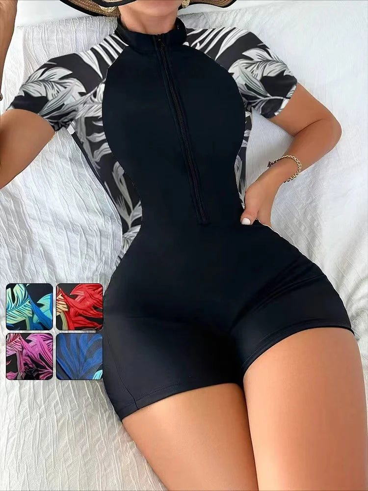 One Piece Floral Swimwear Swim Suit Women Short Sleeve Swimsuit Zip Front Tropical Plant Surfing Sun Protection（No built-in bra Ürün ana görseli