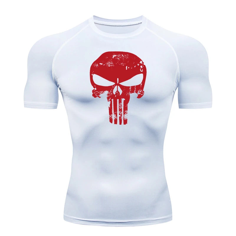 Skull Print Compression Shirts for Men Gym Workout Running Tshirts Sporty Athletic Quick Dry Tees Tops Short Sleeve Rash Guard