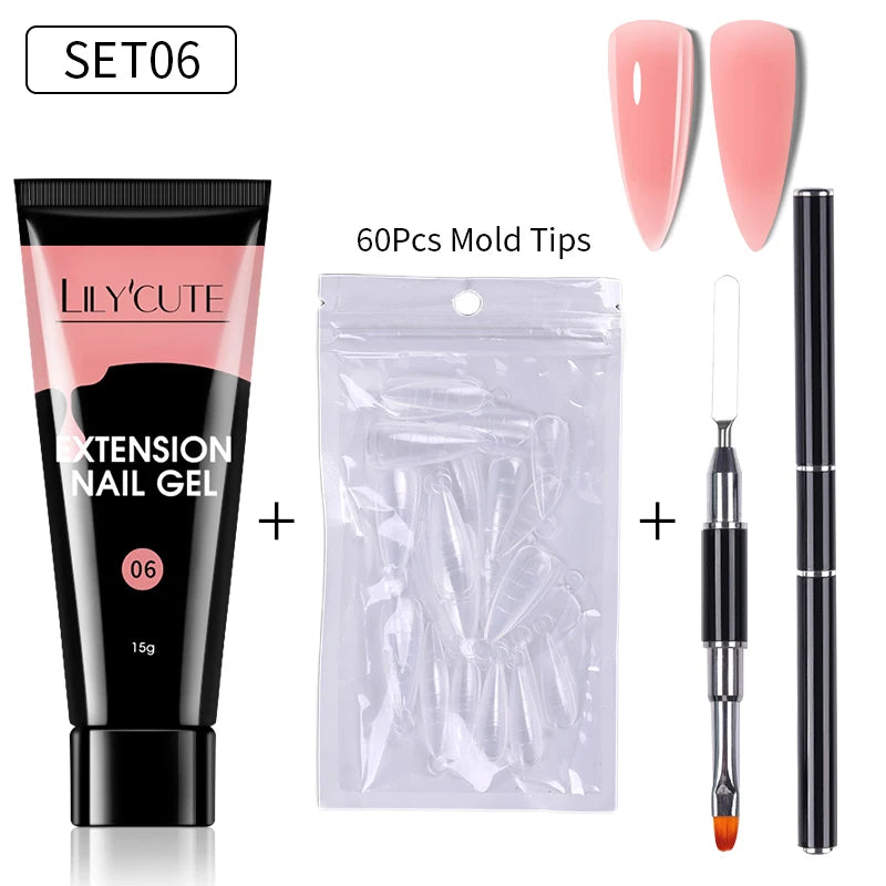 LILYCUTE 15ml Extension Gel Nail Polish Set Quick Nail Prolong With Extend Mold Nail Tips Acrylic Solution Manicure Tools Kit
