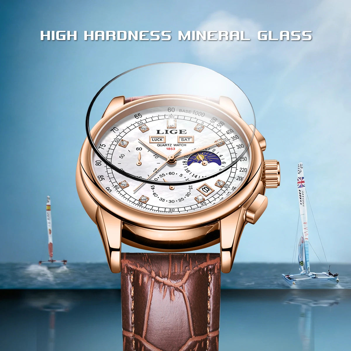 LIGE Retro Elegant Quartz Women's Wristwatches Simple Diamond Dial Fashion Casual Outdoor Date Waterproof Moon Phase Woman Watch
