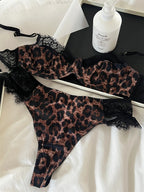 French Underwear Set Leopard Sexy Steel Ring Lace Triangle Cup Bra Brief Suits Vintage Fashion Push Up Lingerie Ins Bodycon