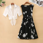 Elegant New Suit High Waist Sleeveless Slim A-line Skirt Floral Two-piece Dress Embroidery White Top Bow Belt Vintage Women