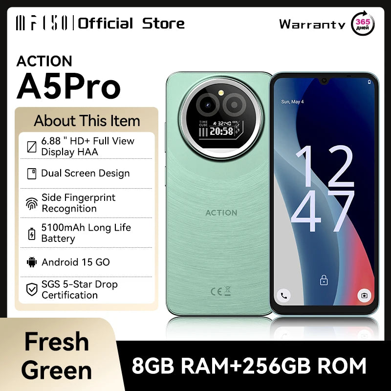 IIIF150 Action A5Pro Phone Android 15 Go Smartphone 12GB RAM 256GB ROM 6.8inch HD+ HAA Display Dual Screen Design 5100mAh Batter