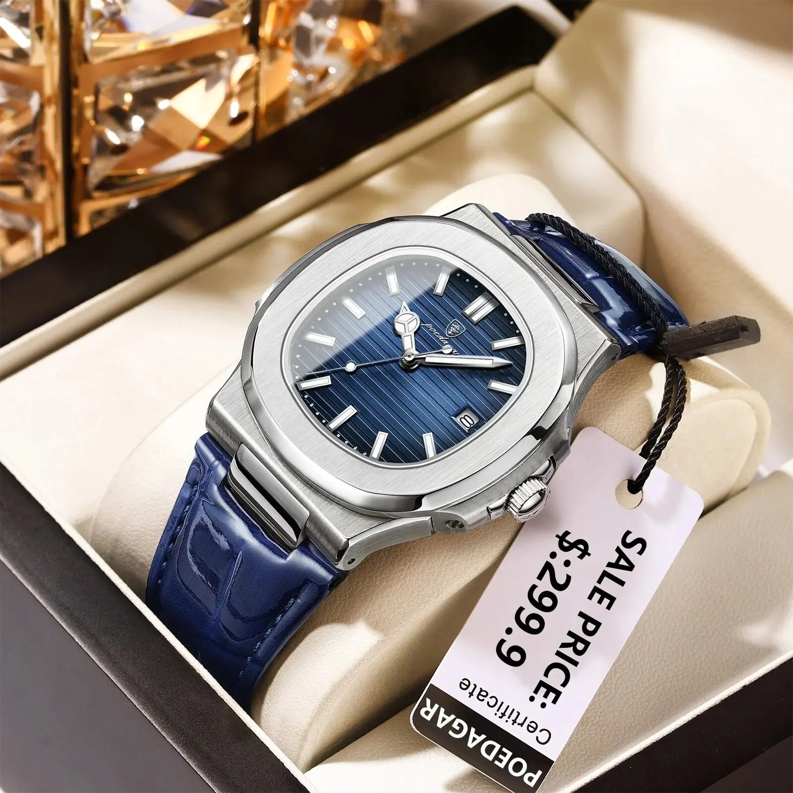 POEDAGAR Top Luxury Square Man Watch Date Waterproof Luminous Men Wristwatch High Quality Leather Men's Quartz Watches+Box Reloj Ürün ana görseli