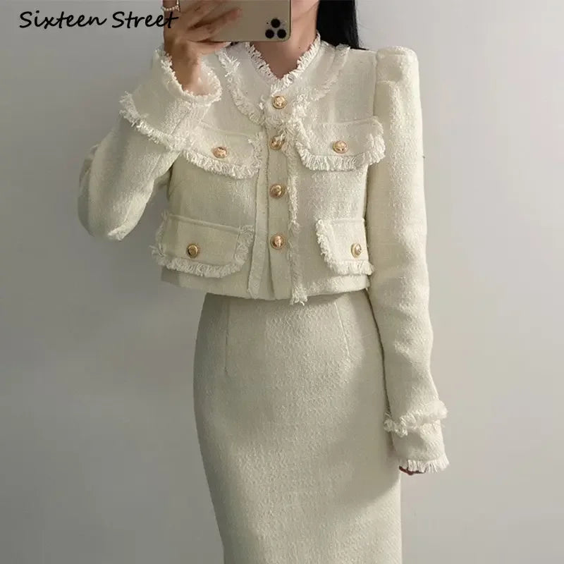 Beige Tweed Jacket + High Waisted Skirts Women Winter  Golden Button 2 Piece Sets Wool Luxury Vintage Skirts Sets Autumn Ürün ana görseli