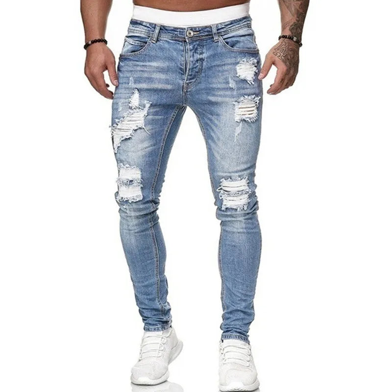 Fashion Street Style Ripped Skinny Jeans Men Vintage wash Solid Denim Trouser Mens Casual Slim fit pencil denim Pants hot sale Ürün ikincil görseli