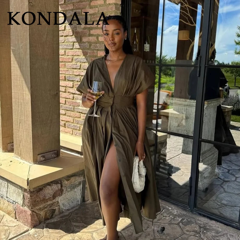 KONDALA 2026 Spring Summer Vintage Women Dress Fashion Single Breasted Sashes Draped V Neck Sleeveless Chic Brown Ladies Dresses