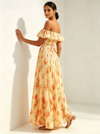2026 summer off-the-shoulder tulip print plus size slimming square neck maxi dress