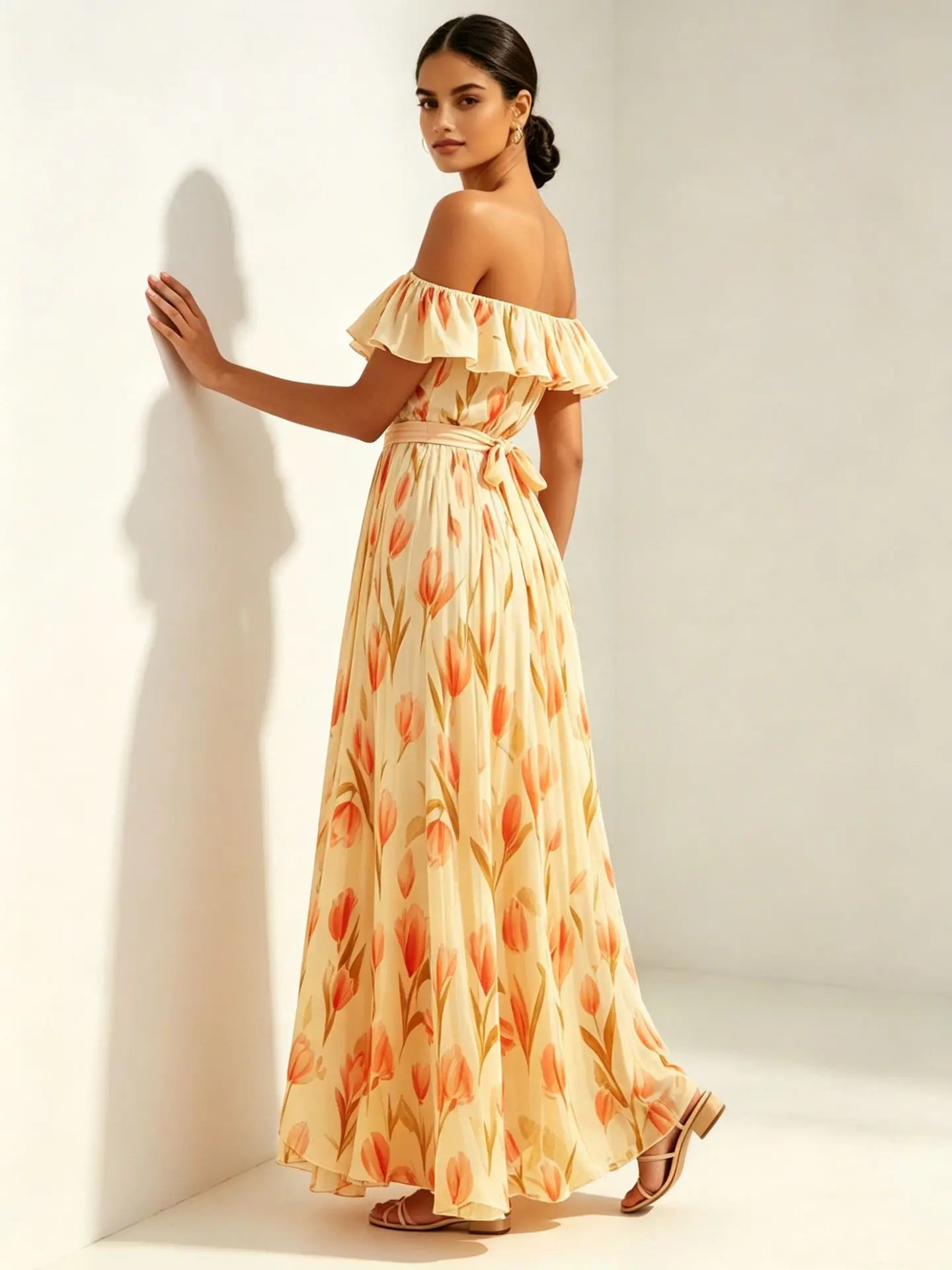 2026 summer off-the-shoulder tulip print plus size slimming square neck maxi dress