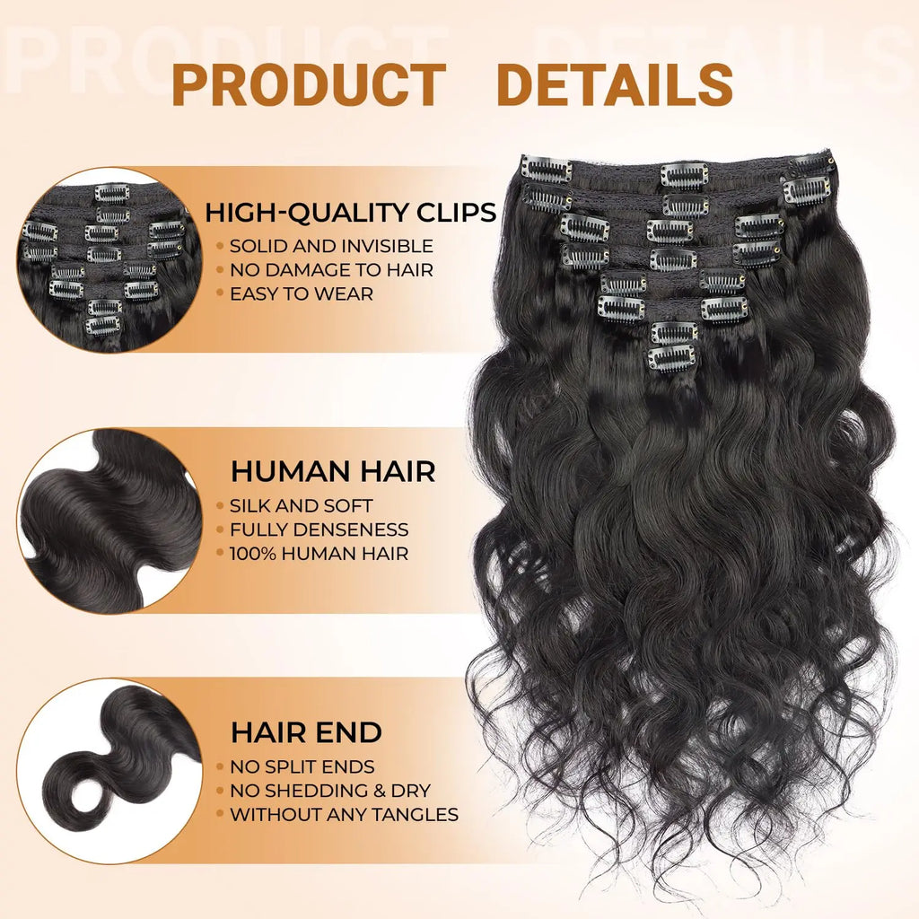 Wave Clip in Hair Extensions Real Human Hair Extensions Clip Ins 120 Gram Body Wave 18 Inch 8Pcs Natural Black 100% Human Hair