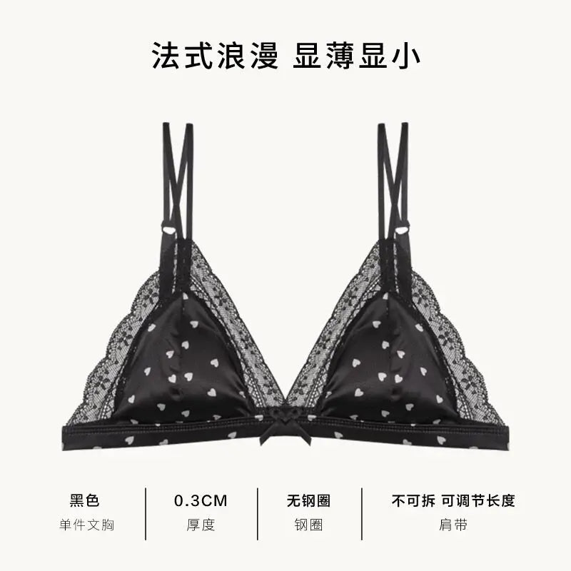 French Style Sweet Triangle Cup Lingerie Set Women Satin Lace Wireless Small Bust Gathered Thin Fabric Sexy Soft Underwear S-XL