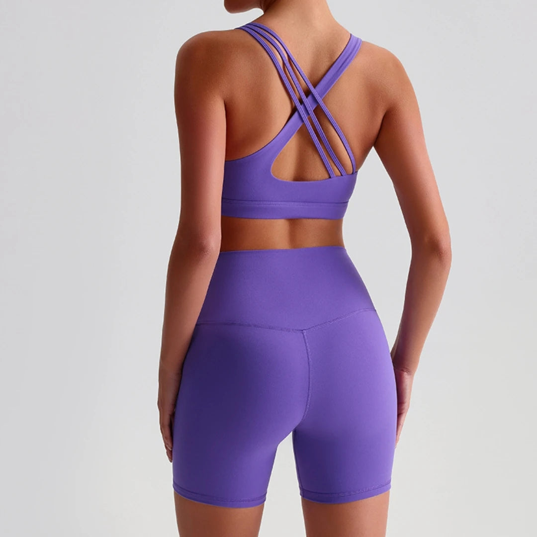 Solid Color High Waist Gym Yoga Short Legging Set Tight Women Cross Back High Impact Shoulder Strap Fitness Bra Top Sportwear Ürün ana görseli