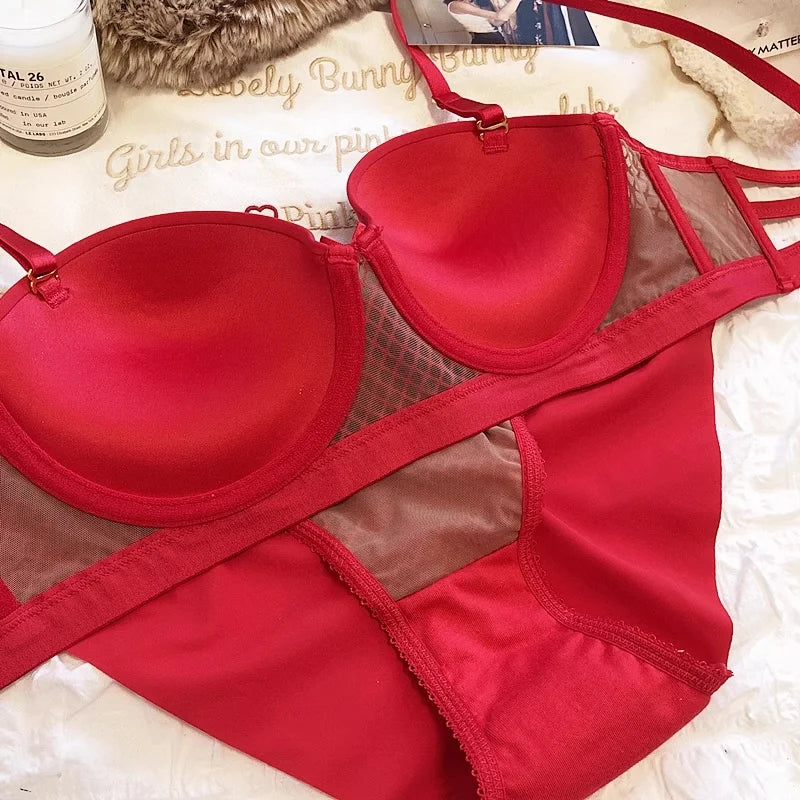 Mesh Lace Underwear Ladies Sexy Small Chest Push Up Lingerie For Women Bra Sets Red White Wedding Girls Thicken Intimates BCD