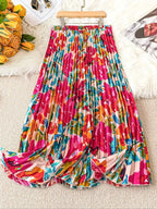 Spring Summer Women's Elegant Floral Print Long Skirts Casual High Waist Party Slim A-line Pleated Skirt