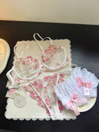 European Women Alluring Sheer Lace Embroidery Underwire Bra, Big Bust Support Minimize Anti‑Sagging Soft Lingerie S‑XL  Bra Set