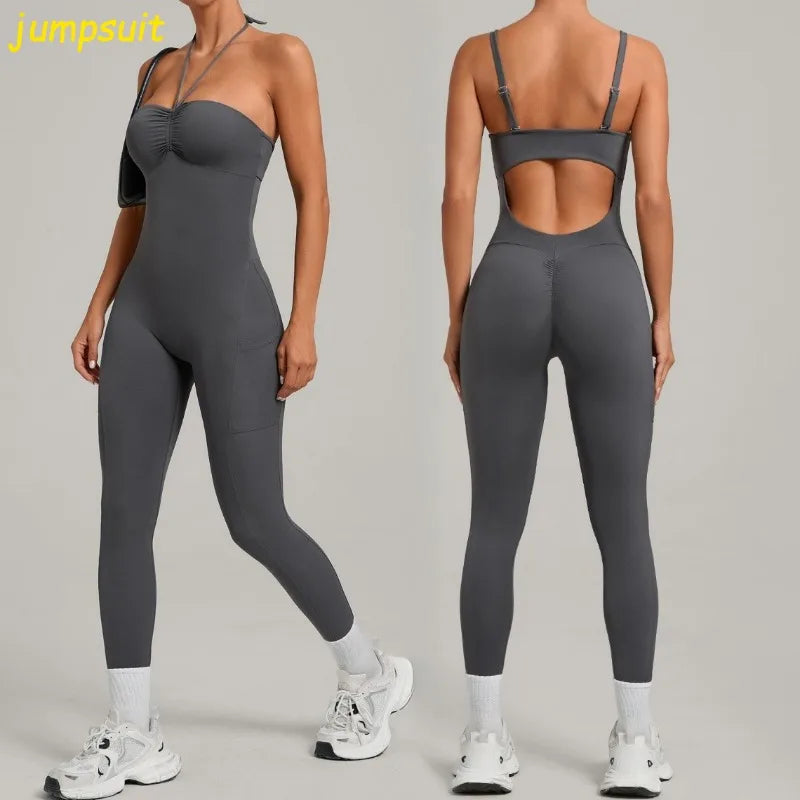 Women's Yoga Jumpsuits Sports Fitness One-piece Beauty Back Strap Pocket Hip-lifting Slim Fit Running Workout Training Bodysuits Main image