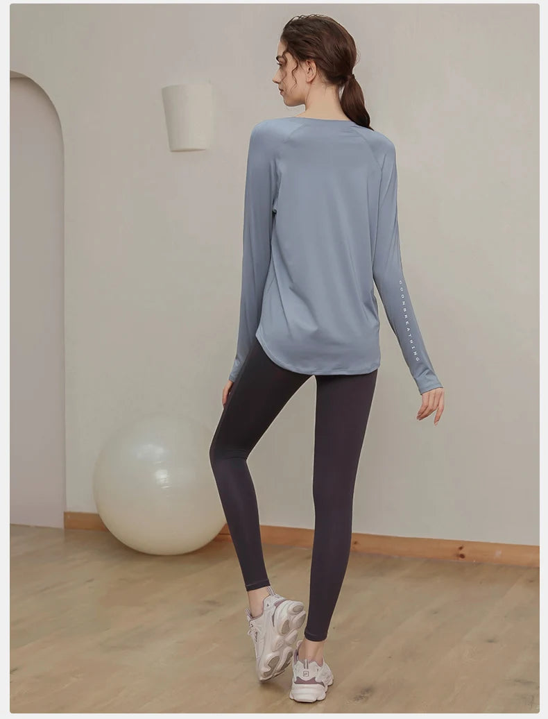 Loose, quick-drying sport tops, women's long-sleeved T-shirts, yoga wear, breathable running and fitness wear, slimming