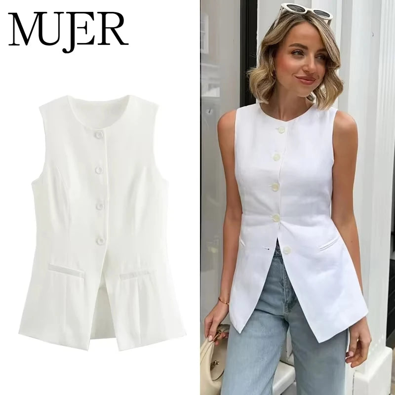 MUJER 2025 White Sleeveless Vest Women Button Summer Vests for Women Jacket Pink Vest Top Women Streetwear Women's Tailored Vest Ürün ana görseli