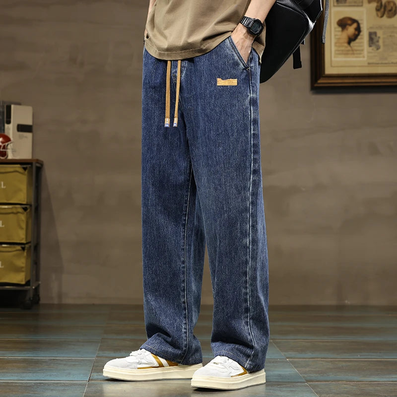 Men Straight Leg Blue Gray Loose Y2K Drawstring Jeans Streetwear Casual Wide Denim Pants Male Baggy Stylish Harajuku Trousers Ürün ana görseli