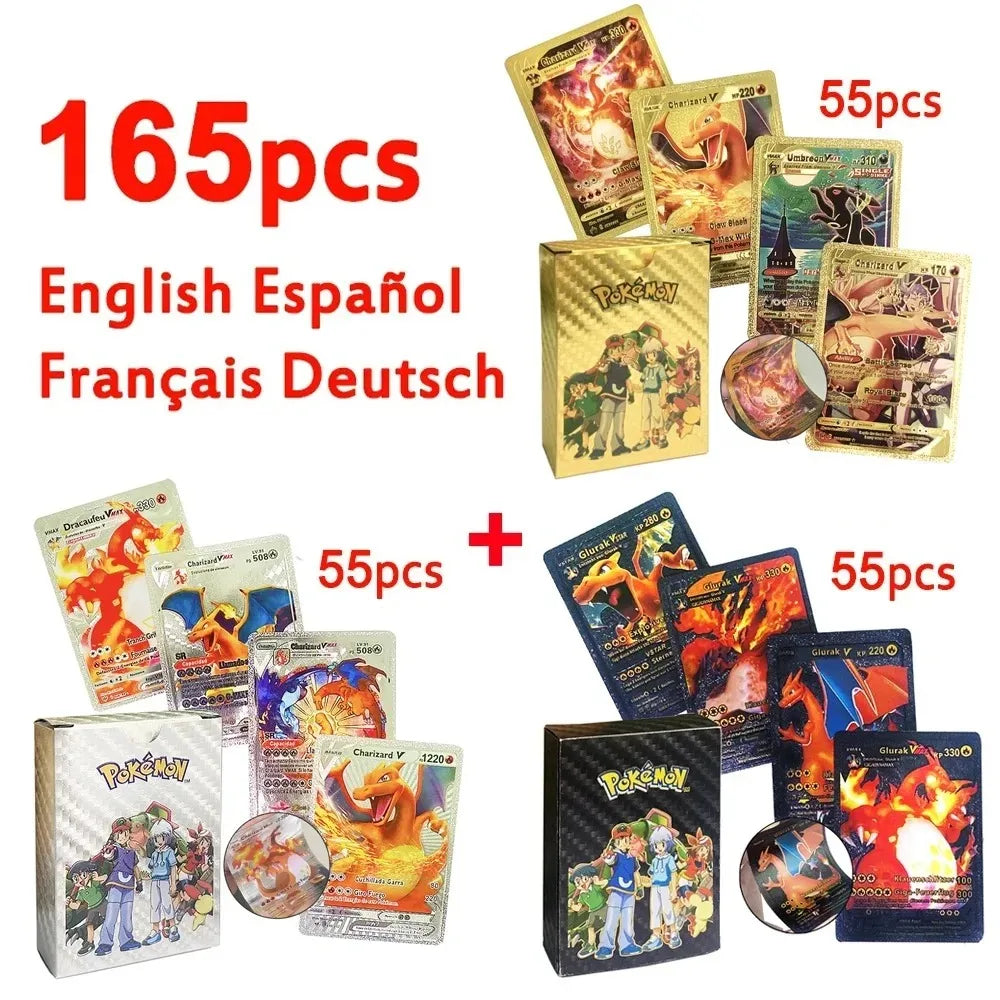30-165pcs Gold Pokemon Colorful Card Set Black Vmax Vstar Sliver GX Box Pikachu Carta Charizard German French Spanish Game Cards