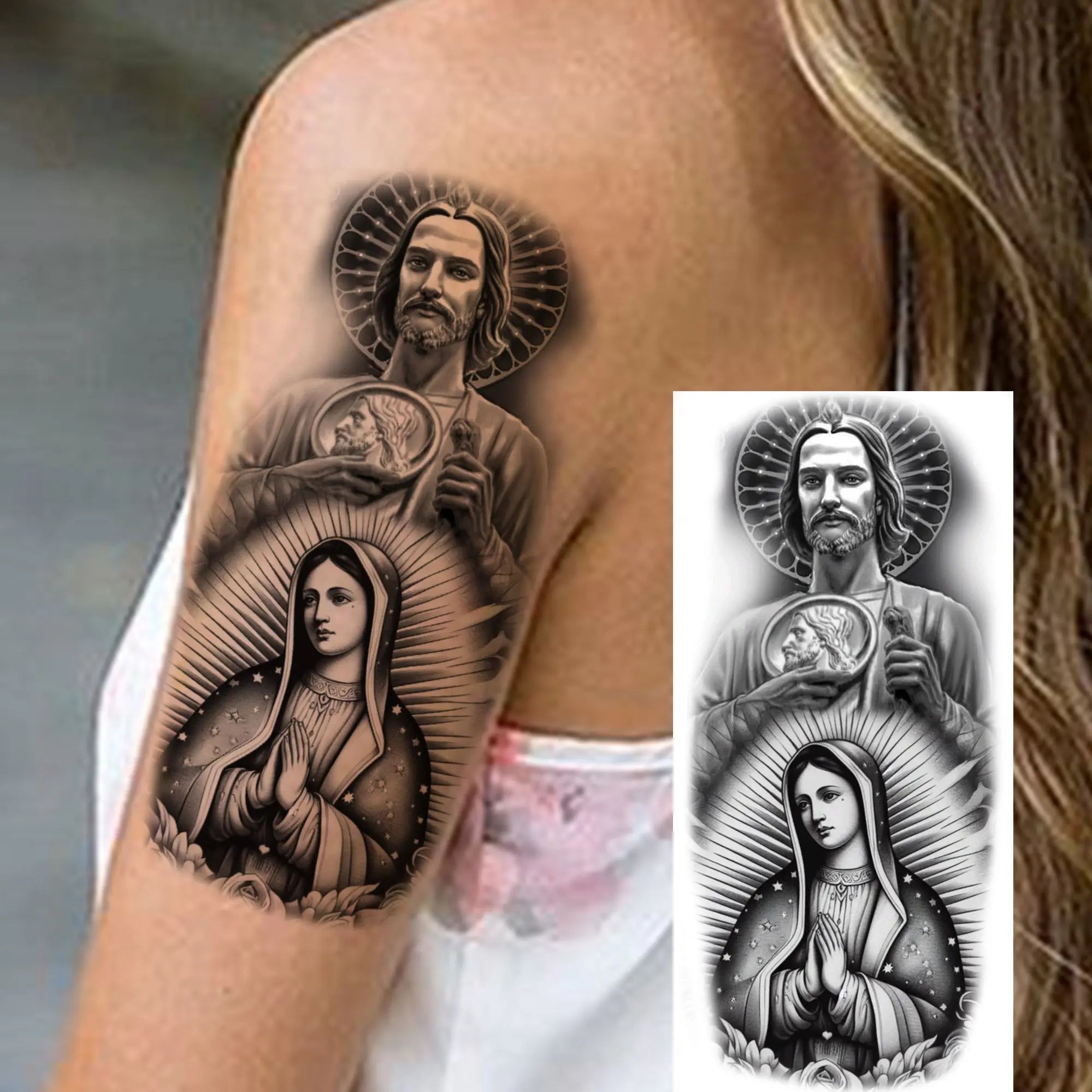 1 Sheet Realistic Jesus Holy Mother Pray Temporary Tattoos For Men Women Adults Long Lasting Waterproof Temp Fake Tattoo Sticker