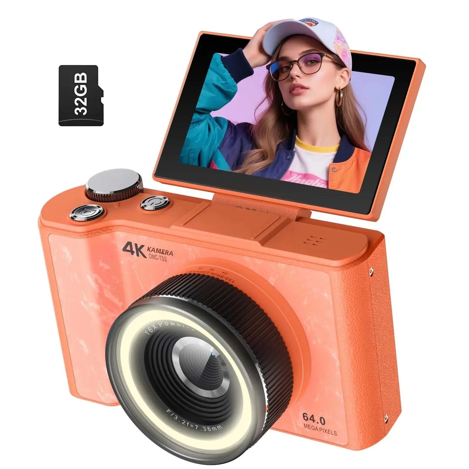 4K Vlogging Camera, 180° Flip Screen, Ring Light & Beauty Mode, Digital Camera for Beginners, 32G SD Card Included, Xmas Gift Ürün ana görseli