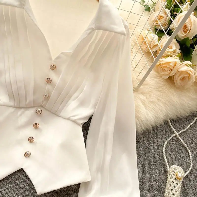 White Casual Polo-Neck Pullover Buttons Puff Sleeve Straight Women's Blouse Short Shirt Female Clothing Tops 2024 Fashion