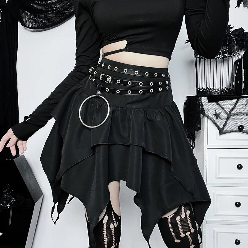 Summer Fashion Short Skirts New Sexy Women Gothic Punk Irregular Skirts Solid Color Drawstring Tie-Up Ruched Ruffles Mini Skirt Ürün ana görseli