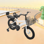 14" Kids Bike Adjustable Children's Bicycle Load 60kg w/Training Wheels+Basket+Backrest Rear Seat for 3-7 Year Old (White/Black)