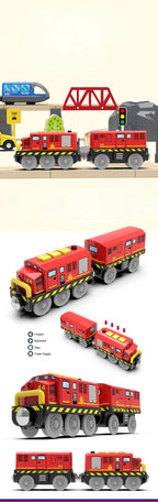 Kid Magnetic Electric Train Car Locomotive Wooden Track Slot Diecast Railway with Two Carriages Train Wood Toy Biro Leduo Track