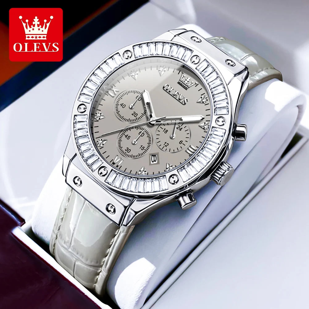 OLEVS 9978 Womens Watch Multifunctional Quartz Watch Waterproof Luminous Leather Strap Elegant Fashion Watches For Woman Gifts