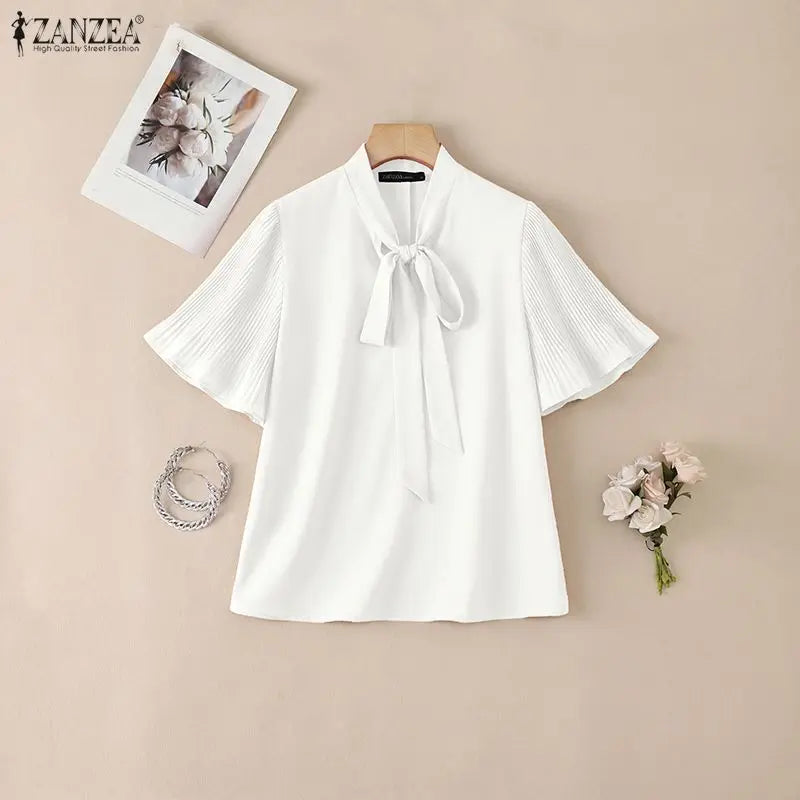 2026 ZANZEA Elegant Summer Blouse Women Stand Neck Short Sleeve Tops Stylish Solid OL Work Shirt Casual Lace-Up Holiday Tunic