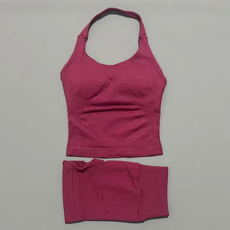 2pcs Sports Set Women Backless Tank Tops High Waist Scrunch Seamless Shorts Fitness Clothes Activewear Workout Sets Gym Suit
