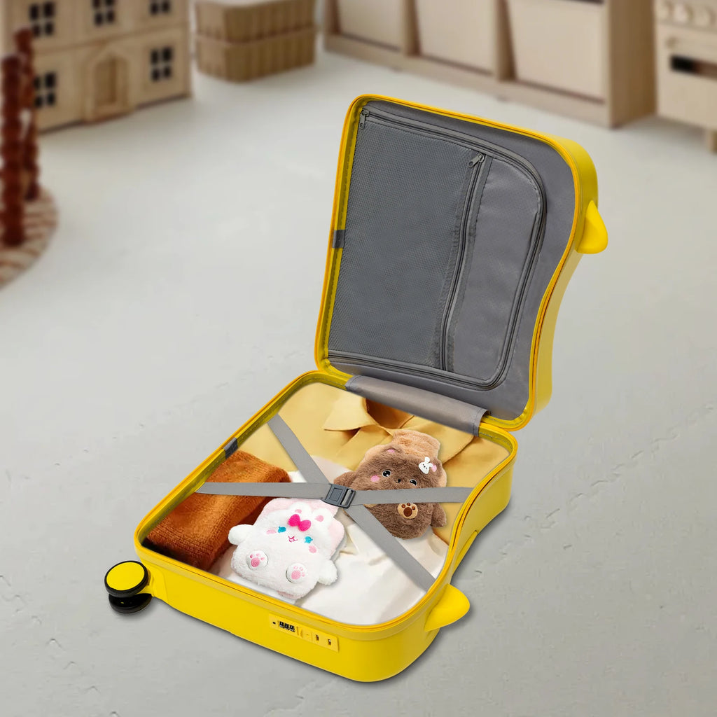 18 Inch Ride-On Suitcase, Cute Luggage with Internal Mesh Pocket, Storage Box with Swivel Casters for Short Trips, Yellow