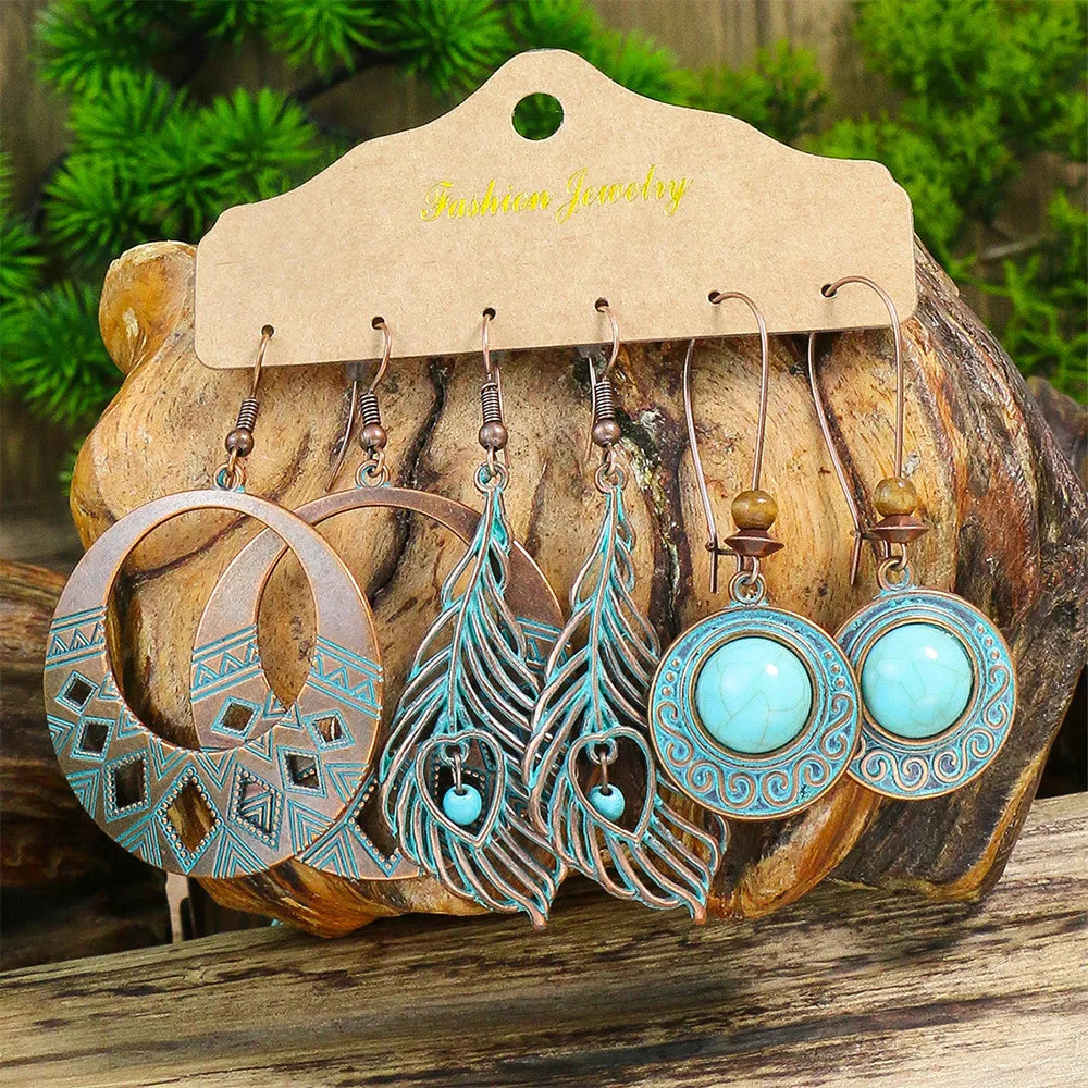 Boho 3Pcs/set Ethnic Leaf Bronze Earrings Set Vintage Hanging Earrings for Women Gypsy Statement Jewelry Accessories Pendientes