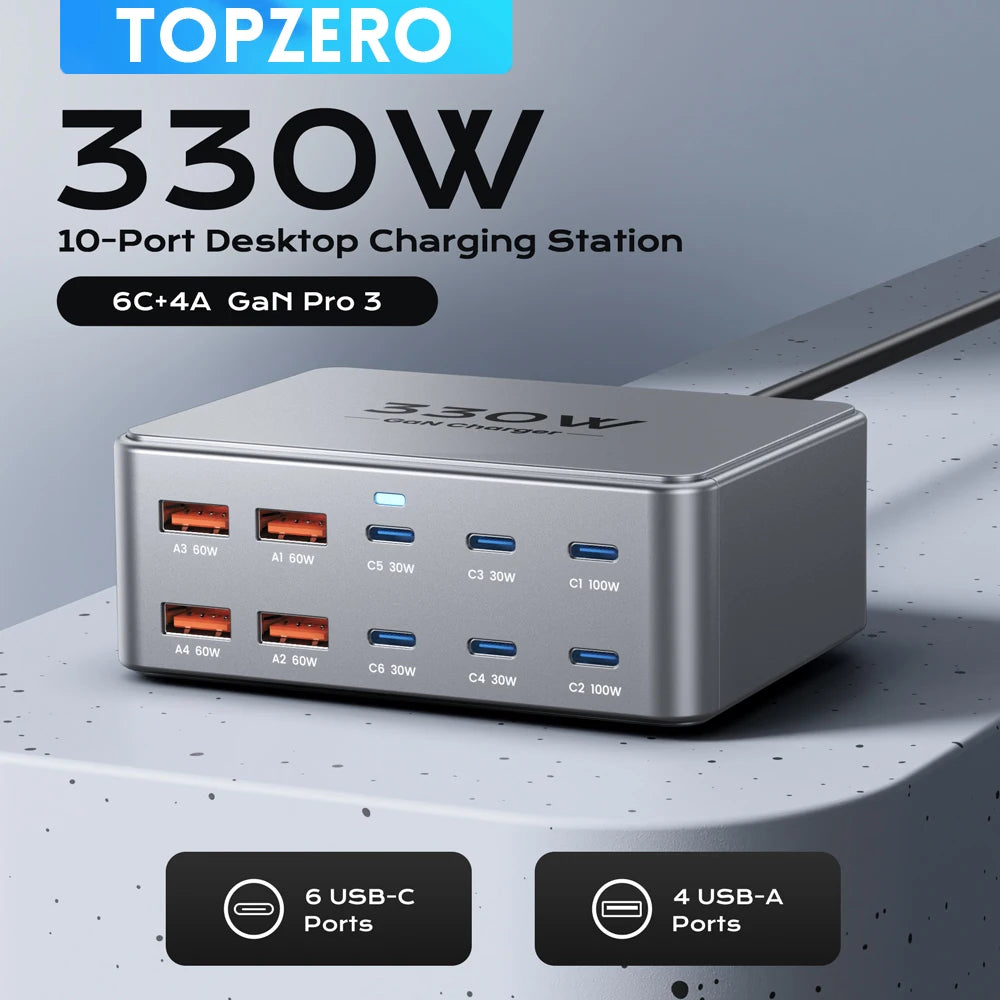 330W USB C GaN Charger 100W PD3.0 PPS QC3.0 Multiport Fast Charging Station For Laptop iPhone 15 16 Samsung Macbook Pro Tablet Ürün ana görseli