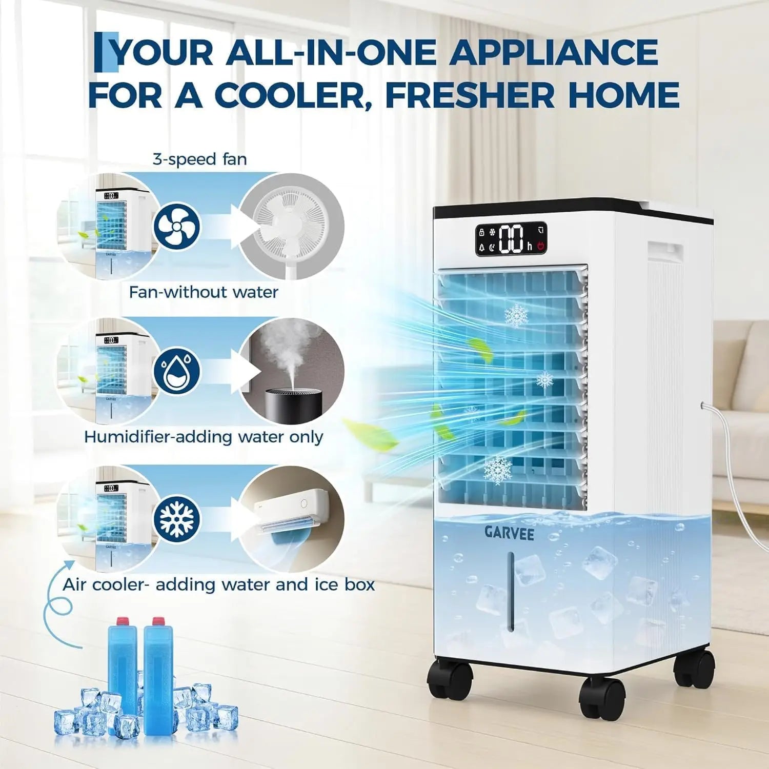 Portable Mobile Cooler Fan 7L Tank 12h Timer 120° Oscillation Fan, Remote Control With Movable Wheels for Bedroom Living Room