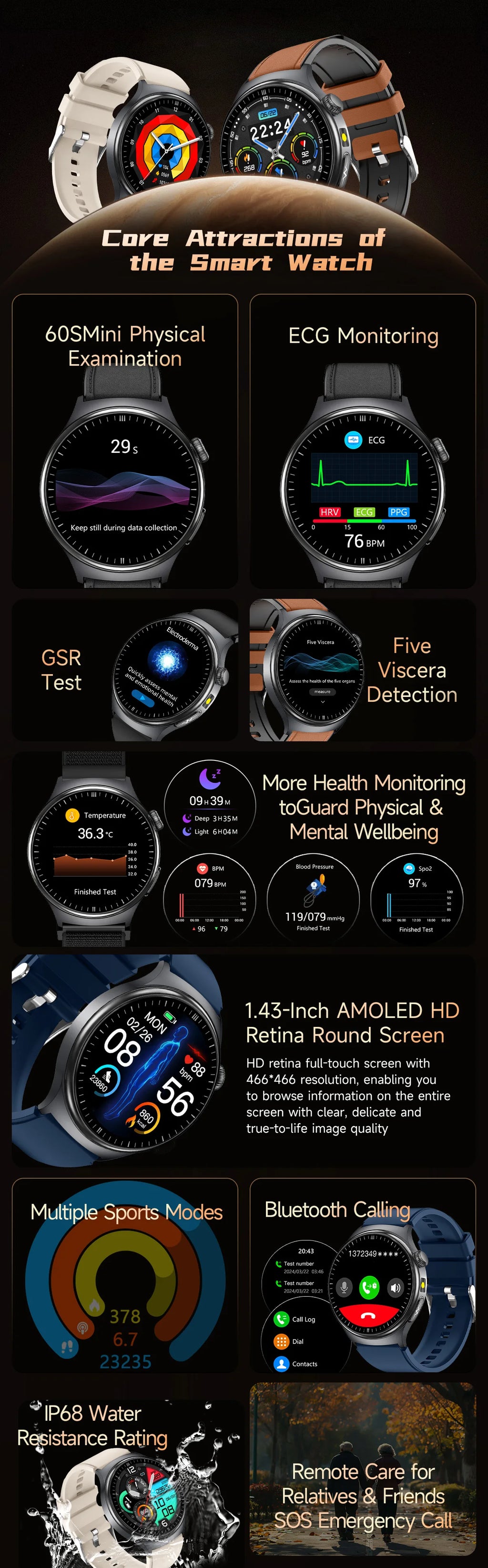 2026New AI-Diagnosis Care Smartwatch ECG+PPG Accurate Uric Acid Blood Pressure Body Fat Five organ Fitness Waterproof Smartwatch