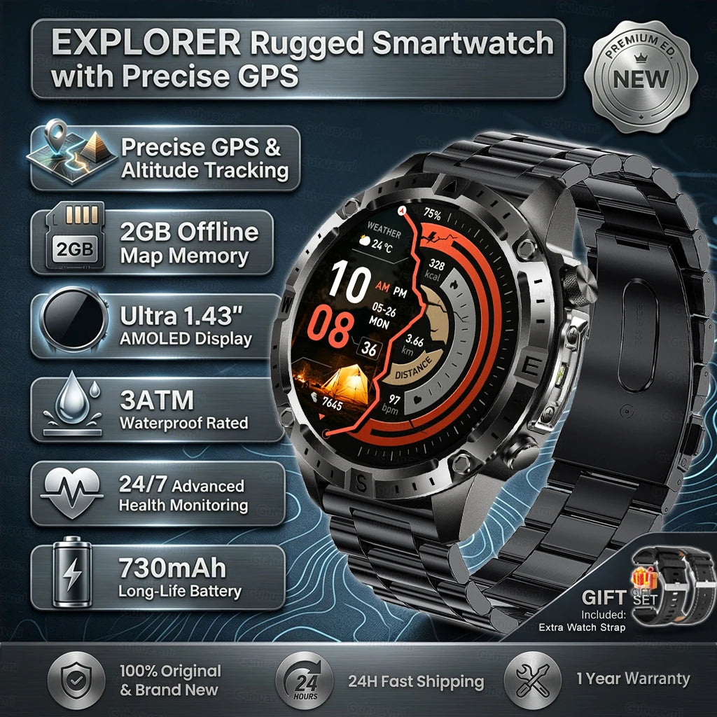 GPS Sports Smartwatch Men Women Swim Waterproof Fitness Tracker 2GB Memory Offline Maps  SpO2 Rugged Outdoor Smartwatch for Men