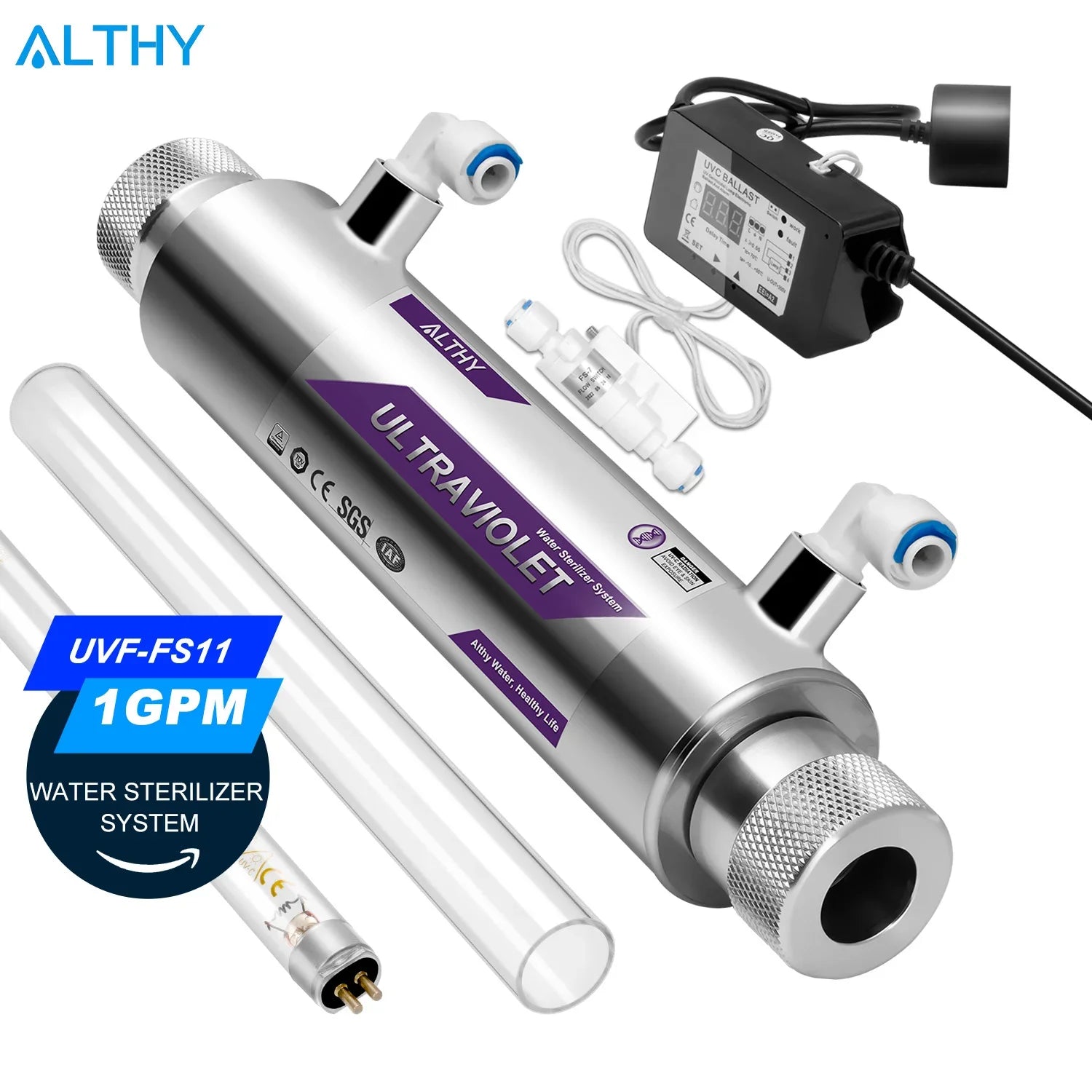ALTHY UV Ultraviolet Water Sterilizer Purifier System Disinfection Filter Lamp + Flow Switch Control Stainless Steel 1GPM Ürün ana görseli