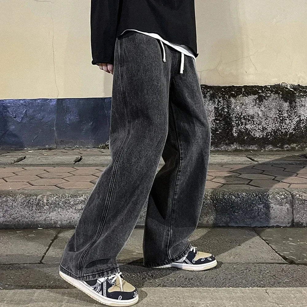 Fashion Men's Solid Color Drape Jeans Loose Straight Korean Vintage High Street Hip-hop Y2K Casual Daily Dragging Wide-leg Pants Ürün ana görseli