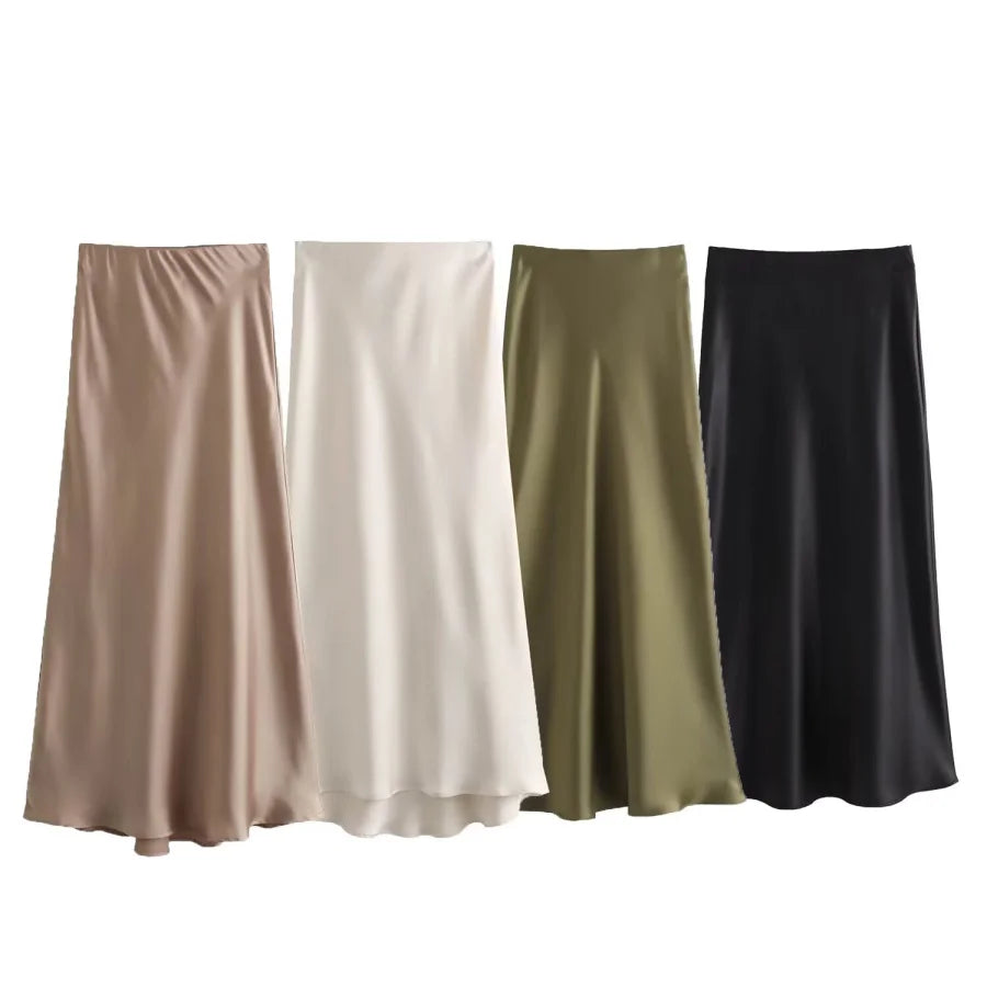ETJ 2025  Women's spring new elegant fashion all-in-one stretch high-waisted A-line silk satin sag skirt multi-color option Main image