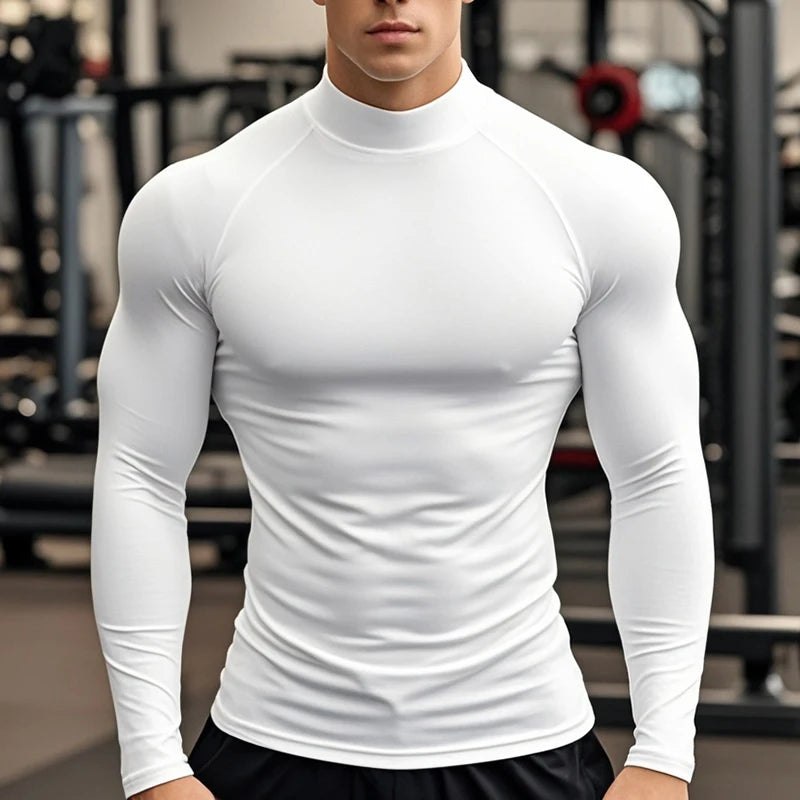 Plain Tight Absorb Sweat Elastic Shirts Gym Bodybuilding Fitness Turtleneck T-shirts Mens Long Sleeve Quick Dry Autumn Clothing Ürün ana görseli