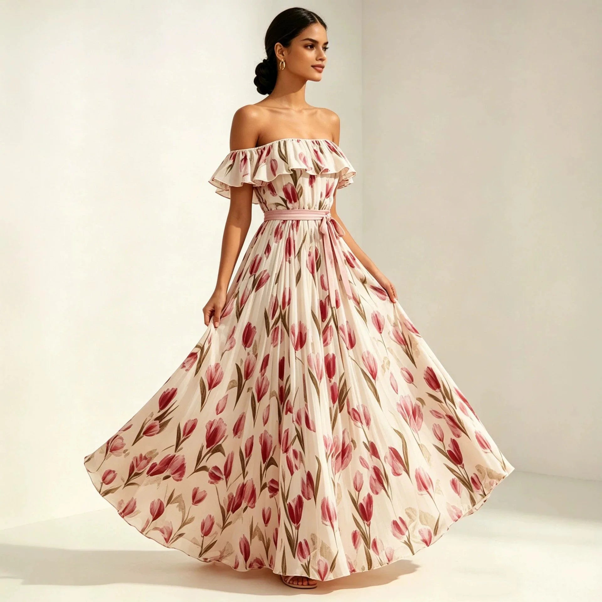 2026 summer off-the-shoulder tulip print plus size slimming square neck maxi dress