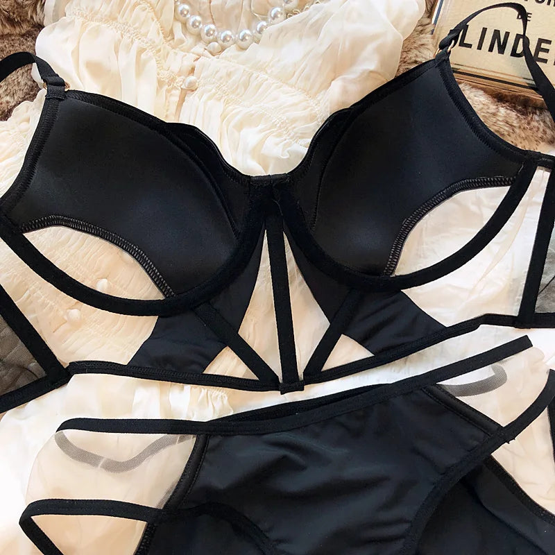 French Thin Cup Women Lingerie Set Sexy Hollow Lace Bra Set Summer Mesh Comfort Breathable Underwear Fish Bone Tops Intimates Secondary image